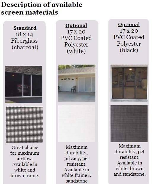 Screen material options