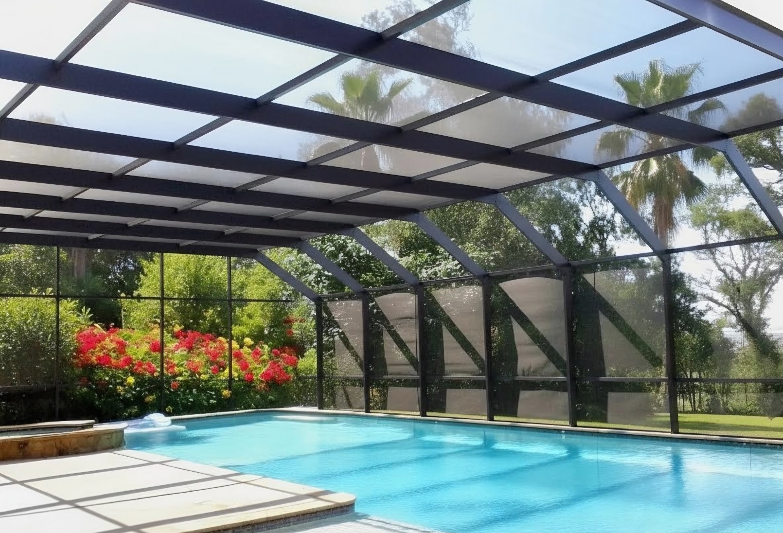 After pool cage rescreening showing clean replacement screen panels by Villane's Enclosures in Northwest Florida